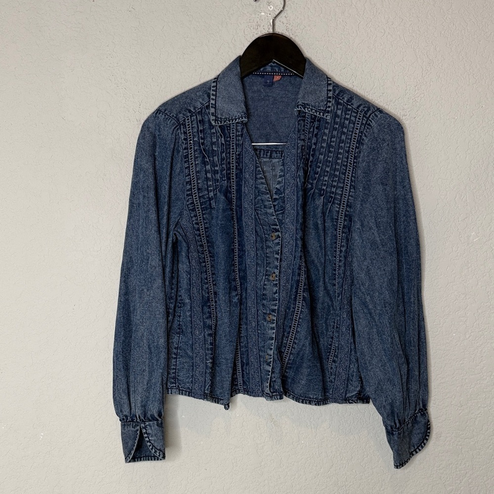 Denim Button-Up V neck tunic Shirt small